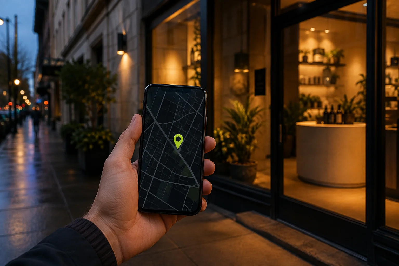 Пользователь ищет локальную компанию по карте на смартфоне